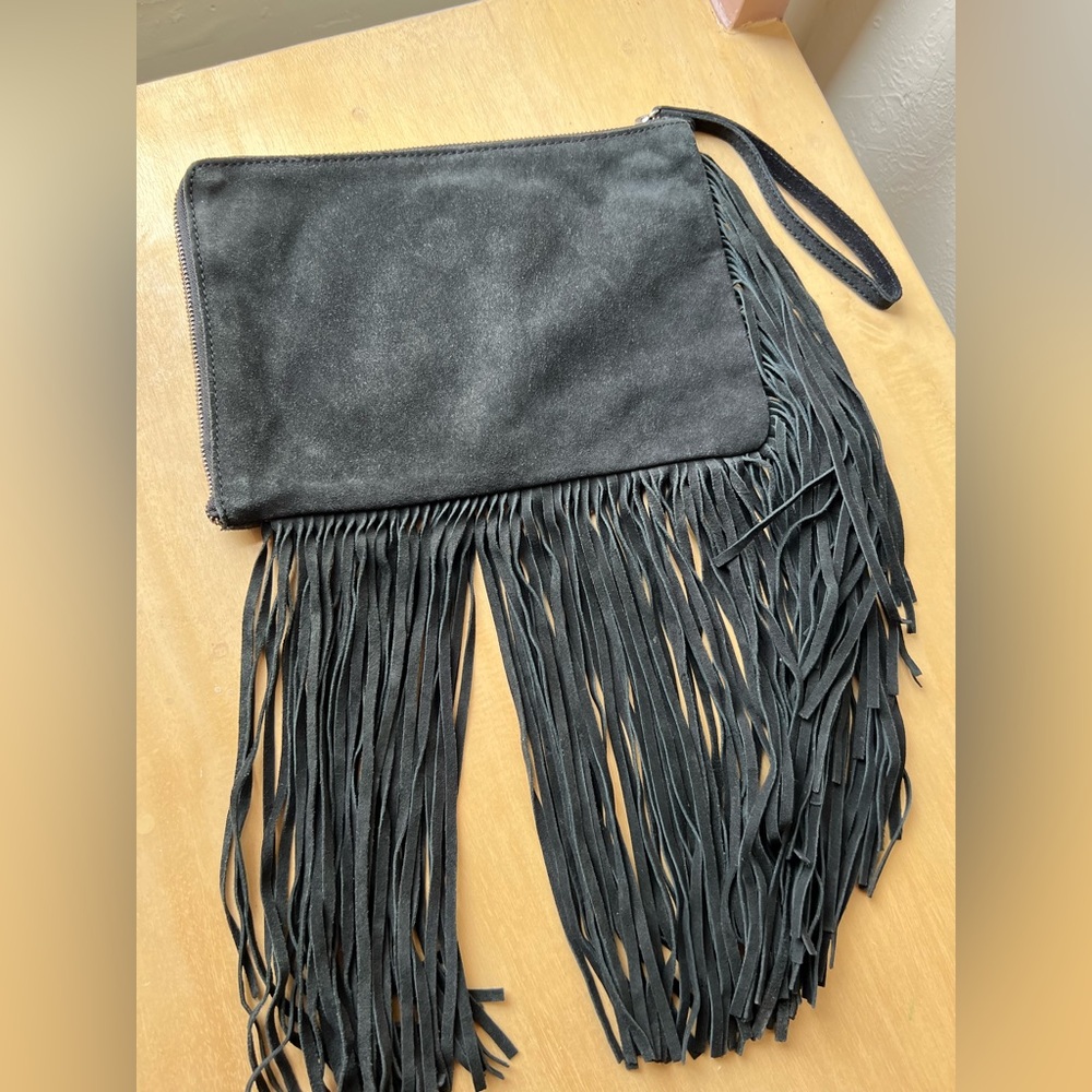 Zara Black Suede Fringe Clutch Handbag